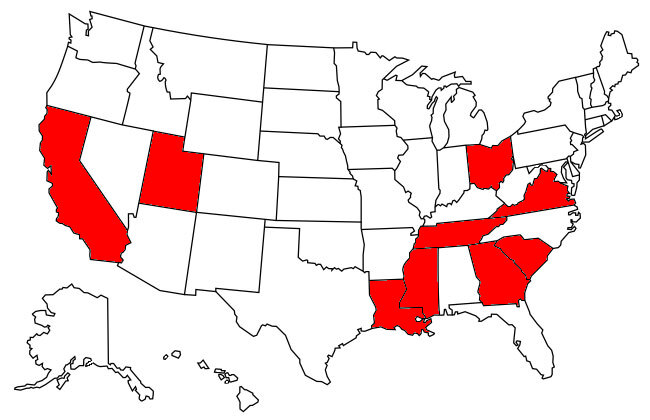 California, Mississippi, Ohio, Utah, Tennessee, Georgia, South Carolina, Louisiana, Virginia!